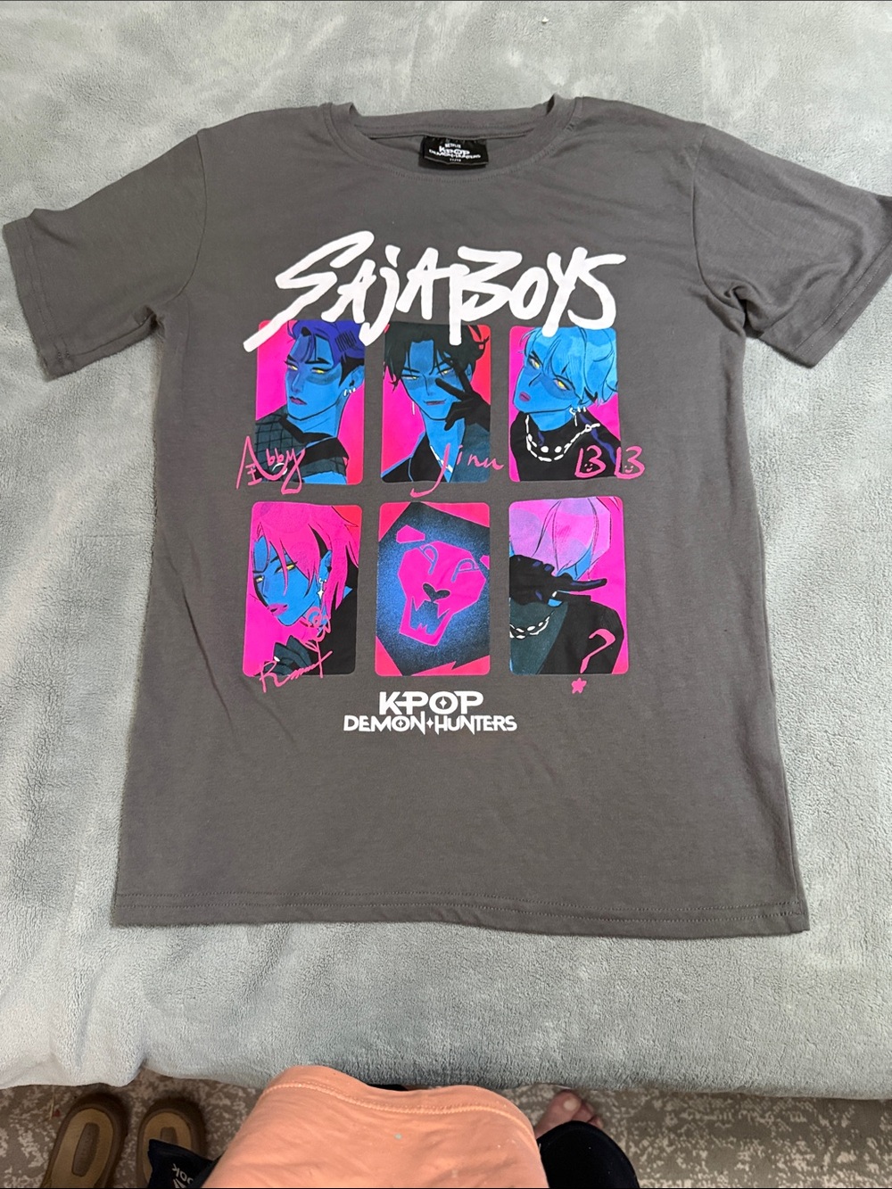 Netflix Gray Tee with Neon Blue & Pink K-Pop Demon Hunters Panels